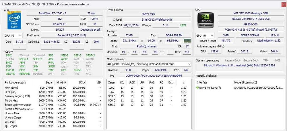 Komputer Gamingowy/2 procesory/32Gb DDR4/256gb NVMe/GTX1060/win11pro
