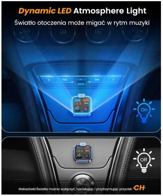 Transmiter samochodowy Bluetooth FM, szybka ładowarka LENCENT BT23