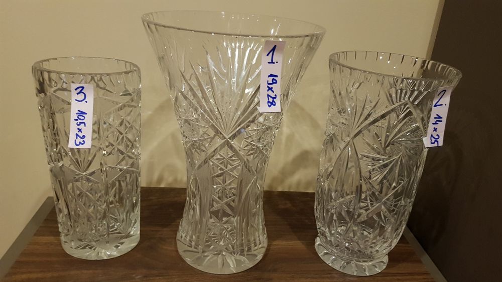 Komplet 3 piękne wazony kryształowe Huta Julia