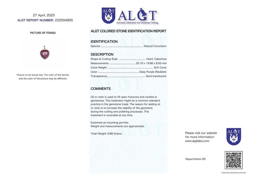 Certificado ALGT - Pendente grande e exclusivo com rubi natural