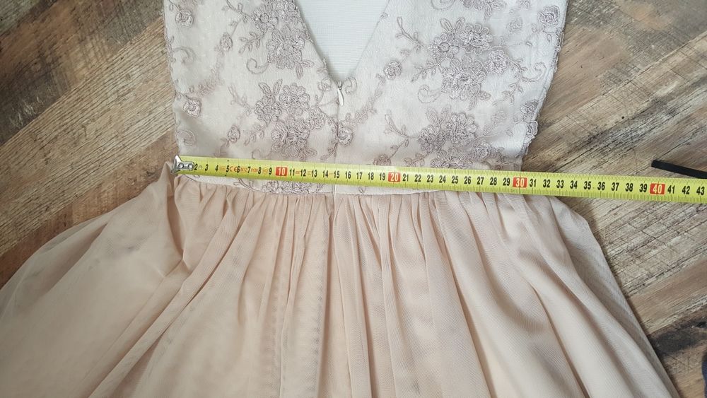 Sukienka jasna wesele bal beżowa tiul koronka S