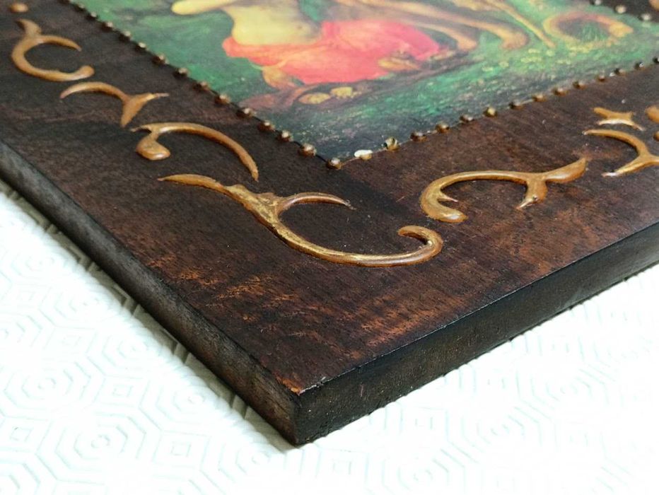 Quadro arte popular madeira com ilustração em papel