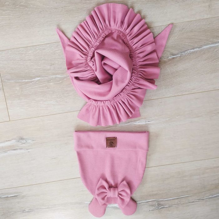 Zestaw czapka z chustą z falbanką+opaska