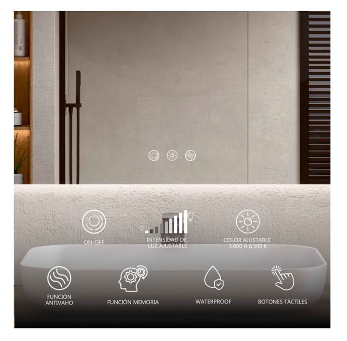 Espelho De Banheiro Com Luz Led, Luz Ajustável Em 3 Cores E Intensidades, Antiembaçante Luz Indireta 80cm Alto X 120cm Largura Bellobath