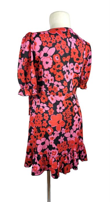 Nowa czarna czerwona sukienka 42,XL George wzór kwiaty falbanka bufki