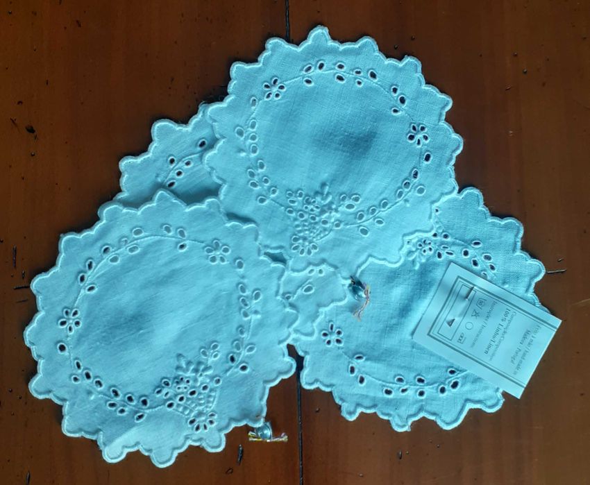 Conjunto 4 Bases Copo. Bordado Madeira à Mão Autenticado