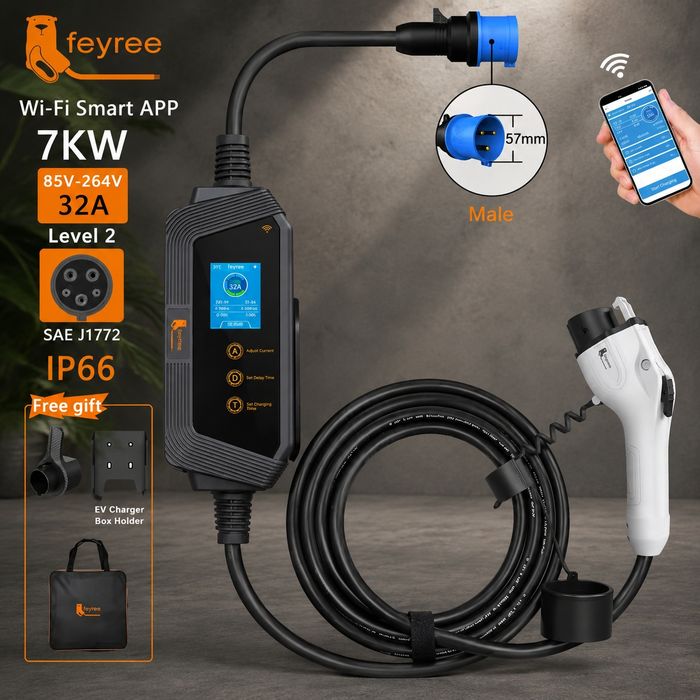 FEYREE 32A 7kW Type 1 Wi-Fi друга версія  зарядка для електромобіля J1772 Type 1 | Регулювання 6-32A | Таймер | IP66 | Кабель 5м