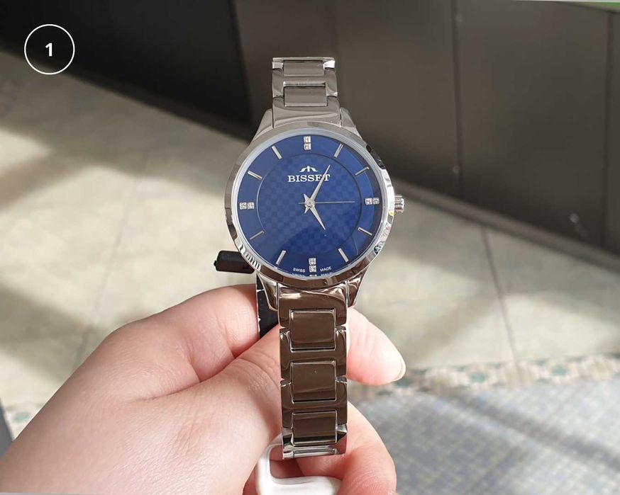 Zegarek damski szwajcarski Bisset elegancki srebrny z granatową tarczą