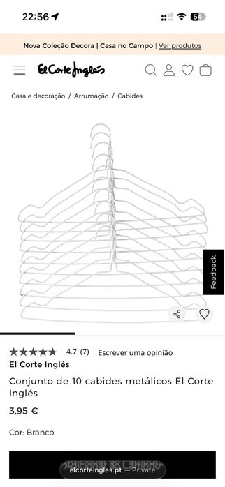 Conjunto 70 cabides brancos metalicos El Corte Inglés