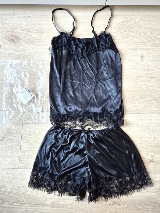 Nowa satynowa Piżama komplet zestaw Czarna S/M damska tanio