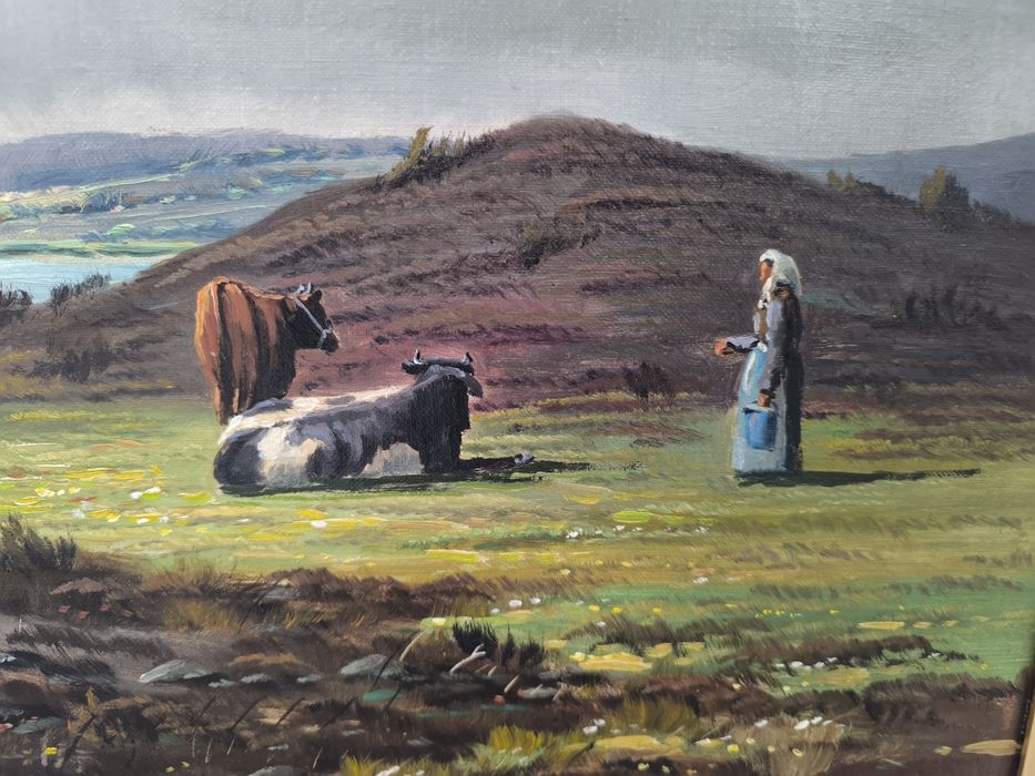 Piękny obraz olejny scena rodzajowa, sygnowany, płótno