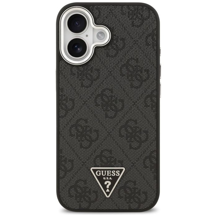 Guess Nakładka Magsafe 4G PU Leather Case With Triangle Logo And Silver Metal Camera Frame Do iPhone 17 Czarna