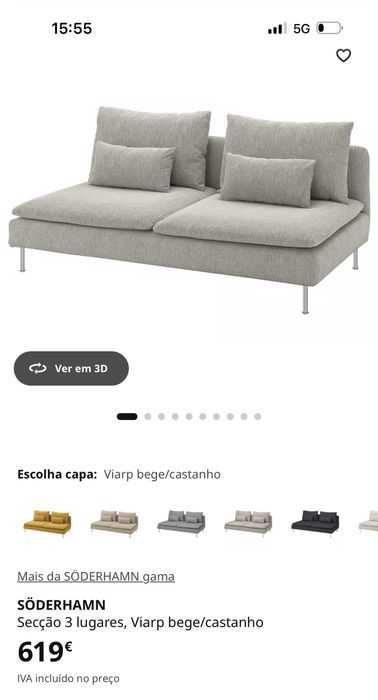 Sofá IKEA SÖDERHAMN com chaise longue/poisa pés – Excelente estado | USB C+A + Tomada Integrada