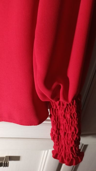 XS S M oversize czerwona bluzka koszula stójka bufiaste rękawy klasa