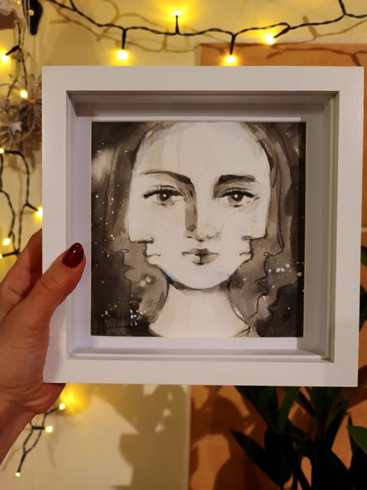Autoportret art collage oryginalny rysunek tuszem portret szkic w rami