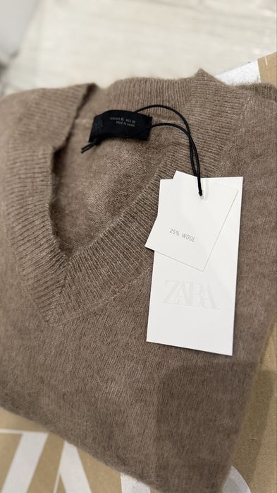 NOWY Zara sweter w serek brąz alpaka wełna   L XL Zara