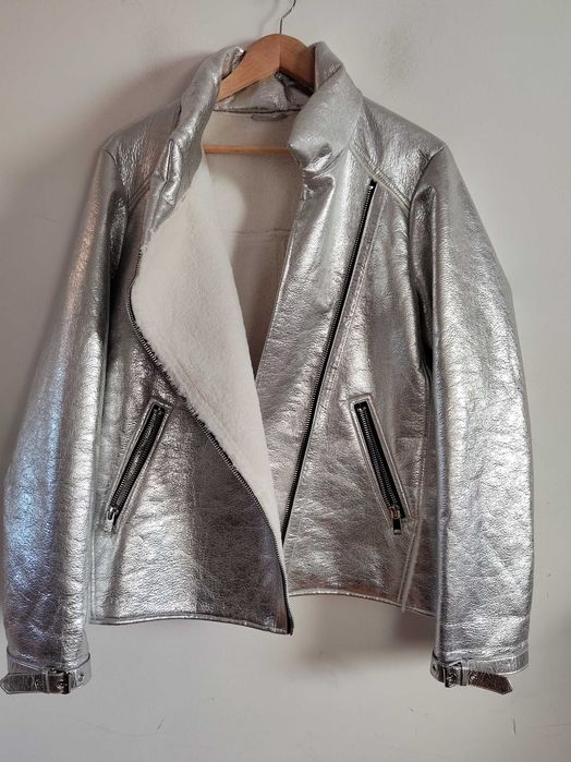 Srebrna kurtka Ramoneska ocieplana Metallic Look 44