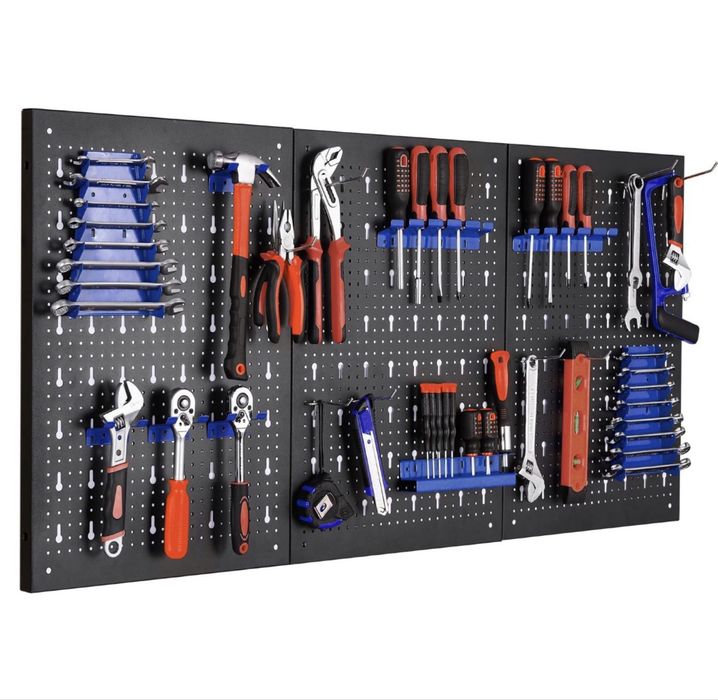 Panel perforowany do warsztatu z 17 haczykami i uchwytami – 118 x 59,5 cm, niebieski