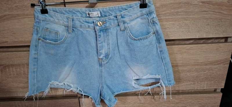 Jeansowe krótkie spodenki szorty dziury przetarcia wysoki stan 40/L