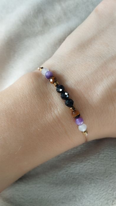 Bransoletka z kamieni czarny turmalin+ametyst+tygrysie oko+kwarc różow