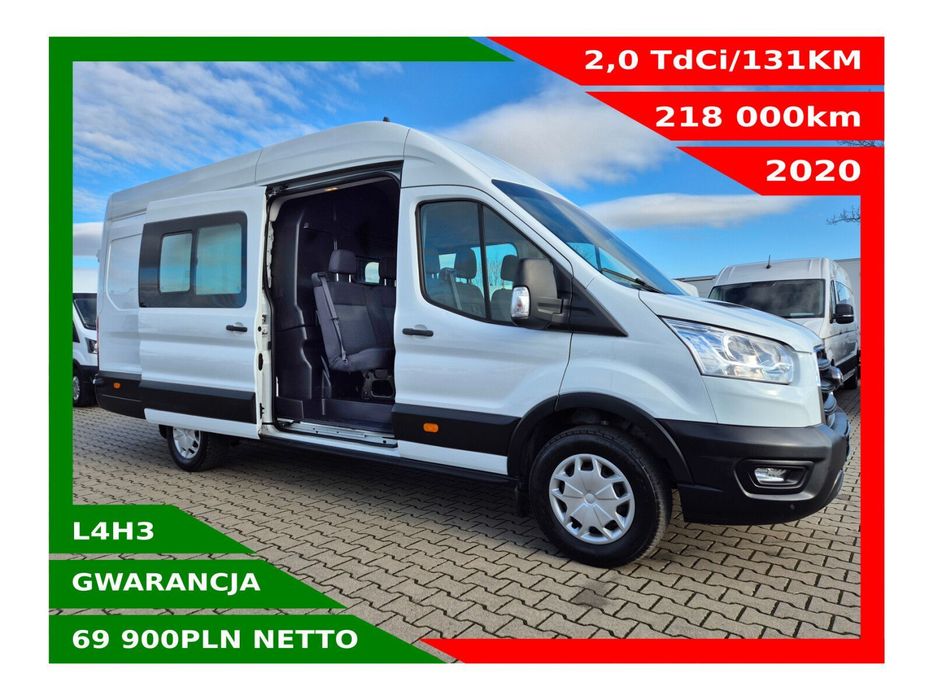 Ford transit L4H3 *69900zł NETTO* Brygadówka 6 osób 2,0TdCi/131KM  Duża Navi, AndroidAuto, AppleCarPlay, Klima, Tempomat, Czujniki