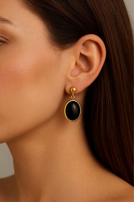 Luksusowe kolczyki ELLE, srebro 925 pozłacane, onyks