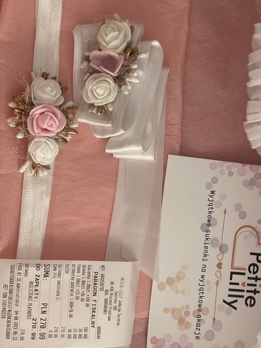 Sukienka rozm  74/80 Chrzest dziewczynka - GRATIS pasek i opaska