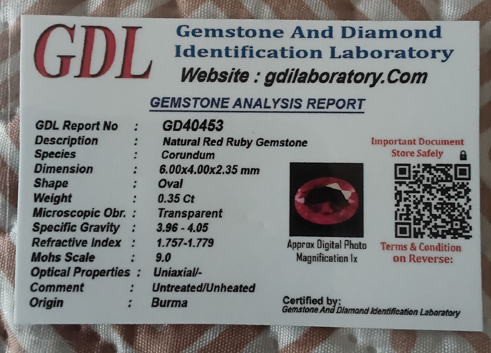 Rubi Natural Certificado.  0.35 ct