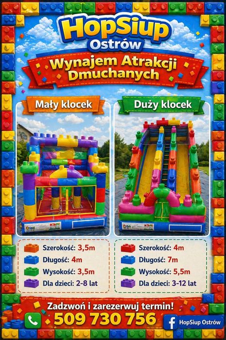 Dmuchance  – wynajem atrakcje dla dzieci HopSiup Ostrów WOLNE TERMINY Sierpień! ! !