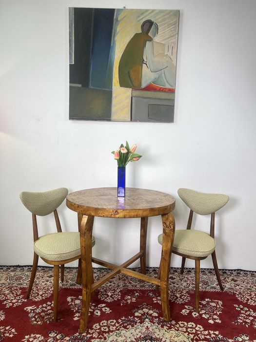 Stół okrągly Art Deco lata 60 fornir korzeń orzech śr 76 vintage