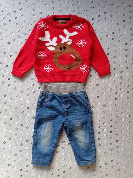Джемпер, пуловер, свитер Унисекс и джинсы утеплённые на 9-12 месяцев