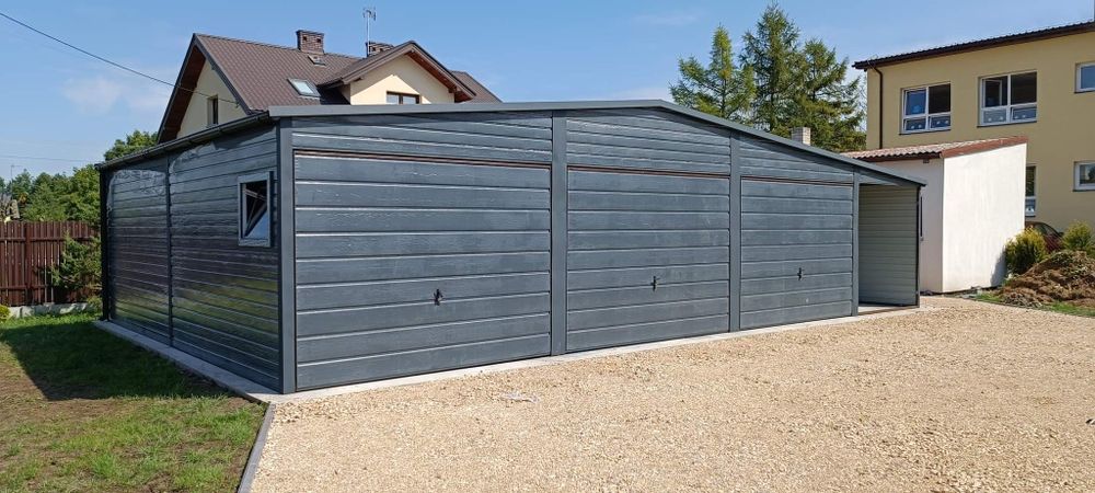 Garaż blaszany 10x7 grafit mat bramy złoty dąb