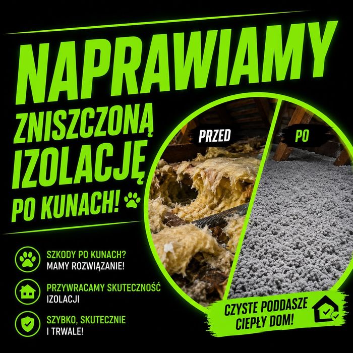 Naprawa Dachu po KUNACH Izolacja Poddasza CELULOZĄ Ocieplenie stropu KUNA w Dachu