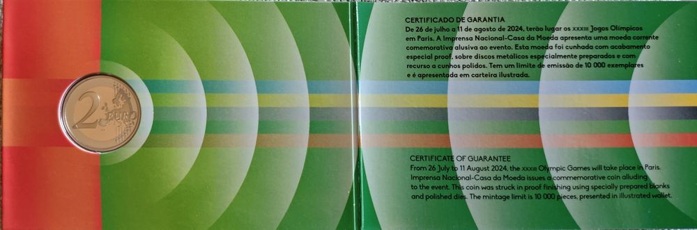 Moeda Proof 2€ colorida jogos olímpicos 2024 Portugal INCM