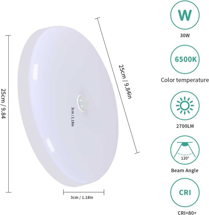 Candeeiro de teto LED com sensor de movimento 30W 6500K 2700LM Ø 25cm