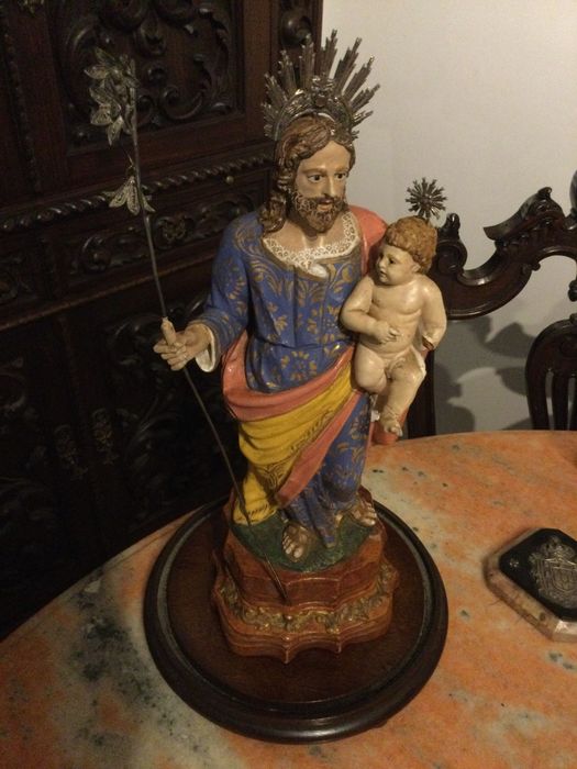 São José com Menino séc XVIII  60cm olhos vidro Pratas