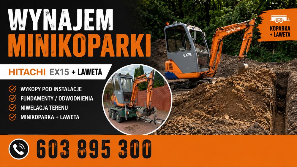Wynajem minikoparki hitachi ex15 + laweta