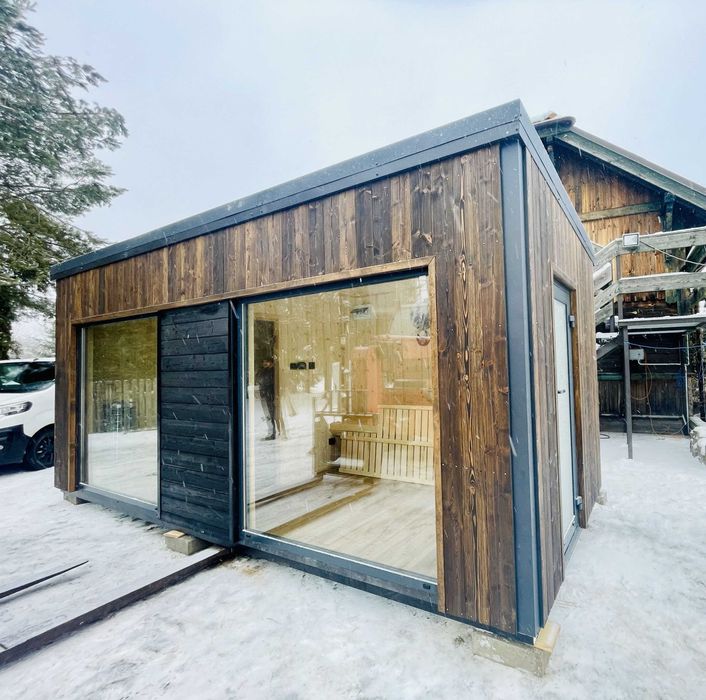 SAUNA OGRODOWA Całoroczna 2,4 x 6m Premium Wifi LED Harvia Strefa spa