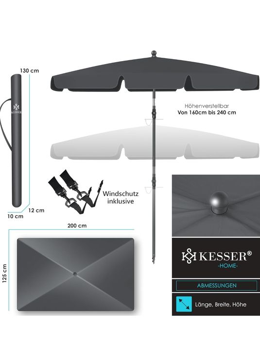 Parasol przeciwsłoneczny,prostokątny  200x125, balkon, taras,Antracyt