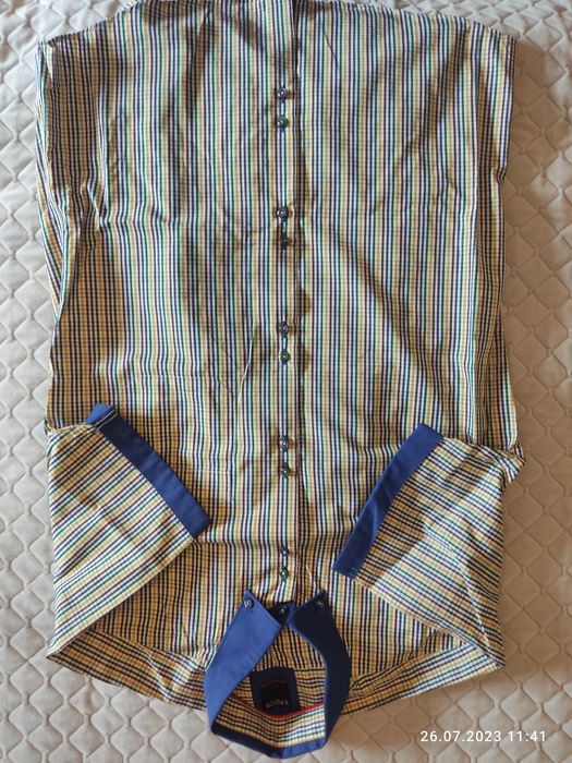 Bawełniana koszula męska slim krótki rękaw żółto-niebieska stan idealn