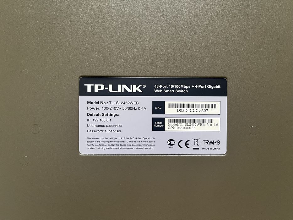 Керований Комутатор / Світч TP-Link TL-SL2452WEB. 48× 10/100 Mbps, 4× Gigabit RJ-45