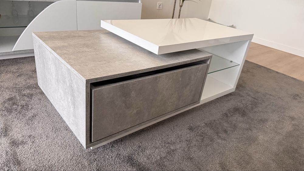 Mesa de Centro Moderna Branca e Cimento - 1,20m | Estado Novo!