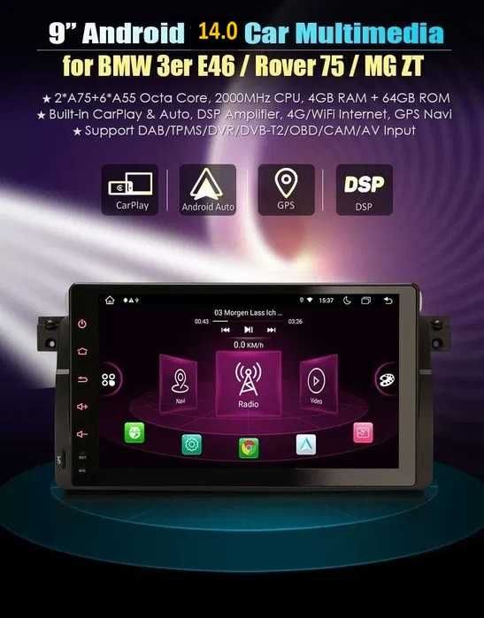 Auto radio 9" BMW E46 E39 53 Android 14 64GB Sem Botões