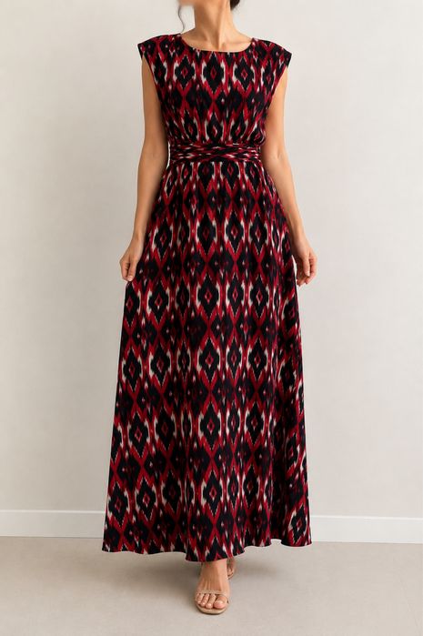 HIT!  Długa sukienka maxi Papaya Weekend S 100% bawełna czerwona czarna geometryczna boho tall