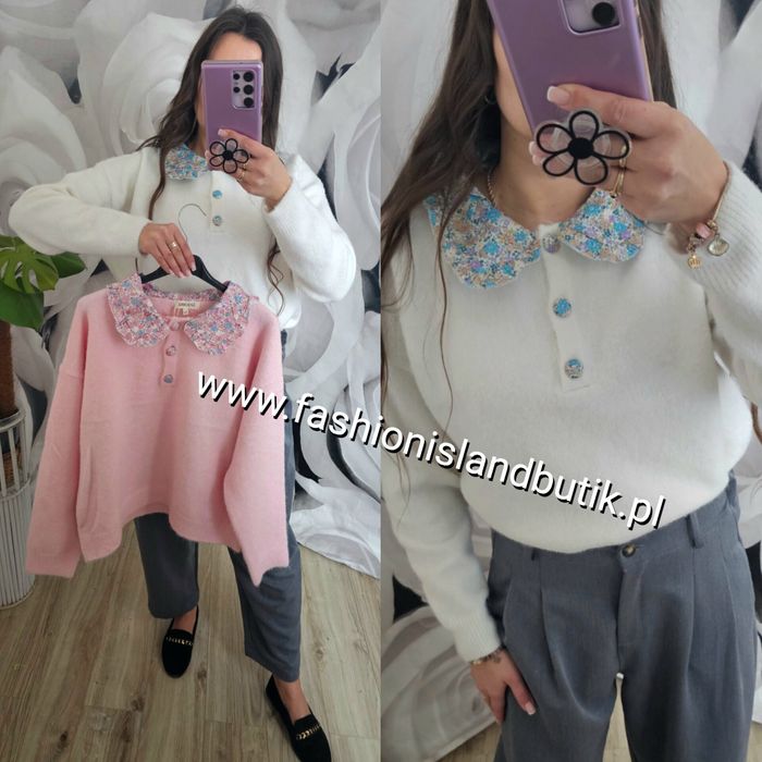 Sweter z ozdobnym kołnierzem w kwiatki