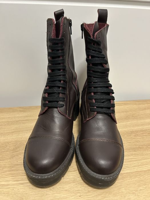 Zara sznurowane botki 37 bordo biker glany wiśniowe skóra obcas