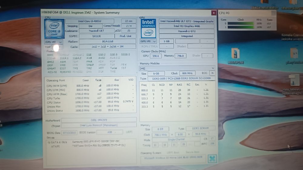 Laptop Dell Inspirion 3542 i3 1,7 8RAM DDR3