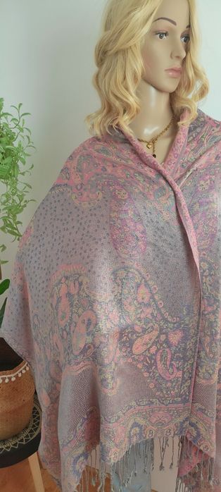 Piękny szal chusta różowy szary 100% kaszmir Pashmina