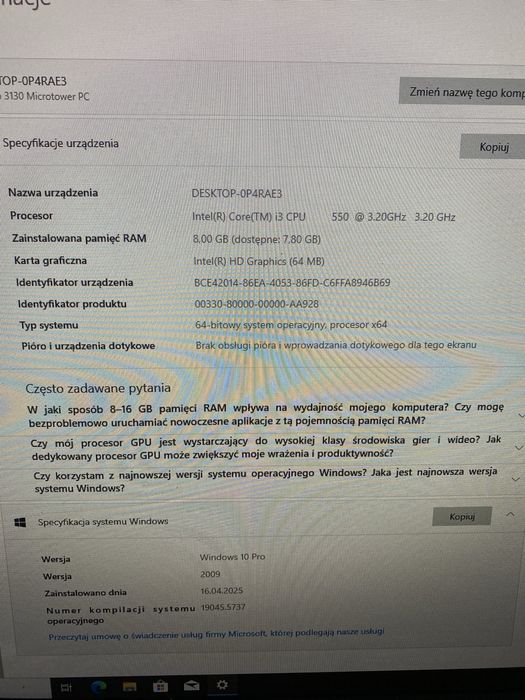 Komputer kompletny Hp pro 3130 i3 Dysk ssd