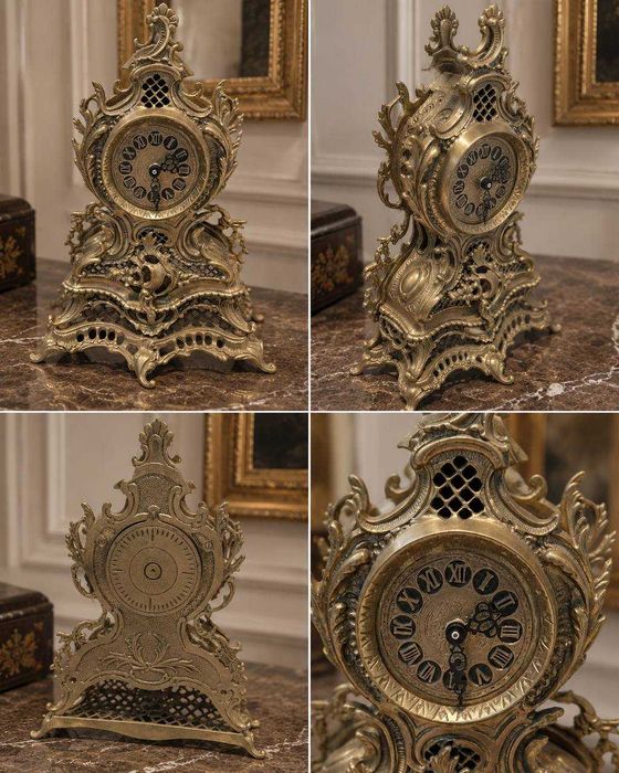 Вінтажний камінний годинник Louis XV з позолоченої бронзи в стилі рококо, кварцовий механізм